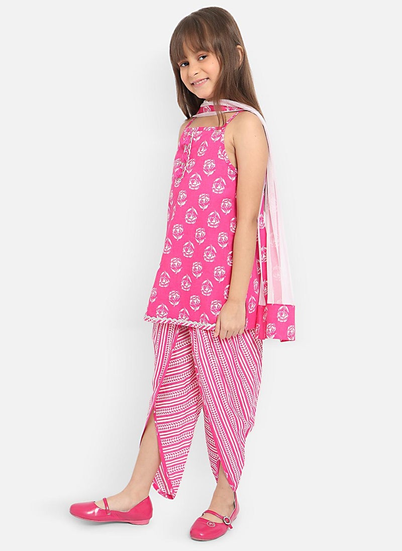 Nautinati Girls' 100% Cotton All-over Print Kurti with Striped Dhoti Pants & Net Dupatta - Image 3